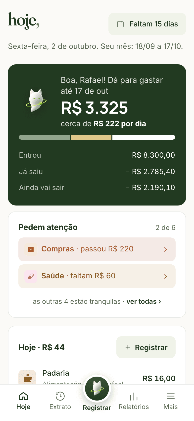 Tela Hoje do app Mirai